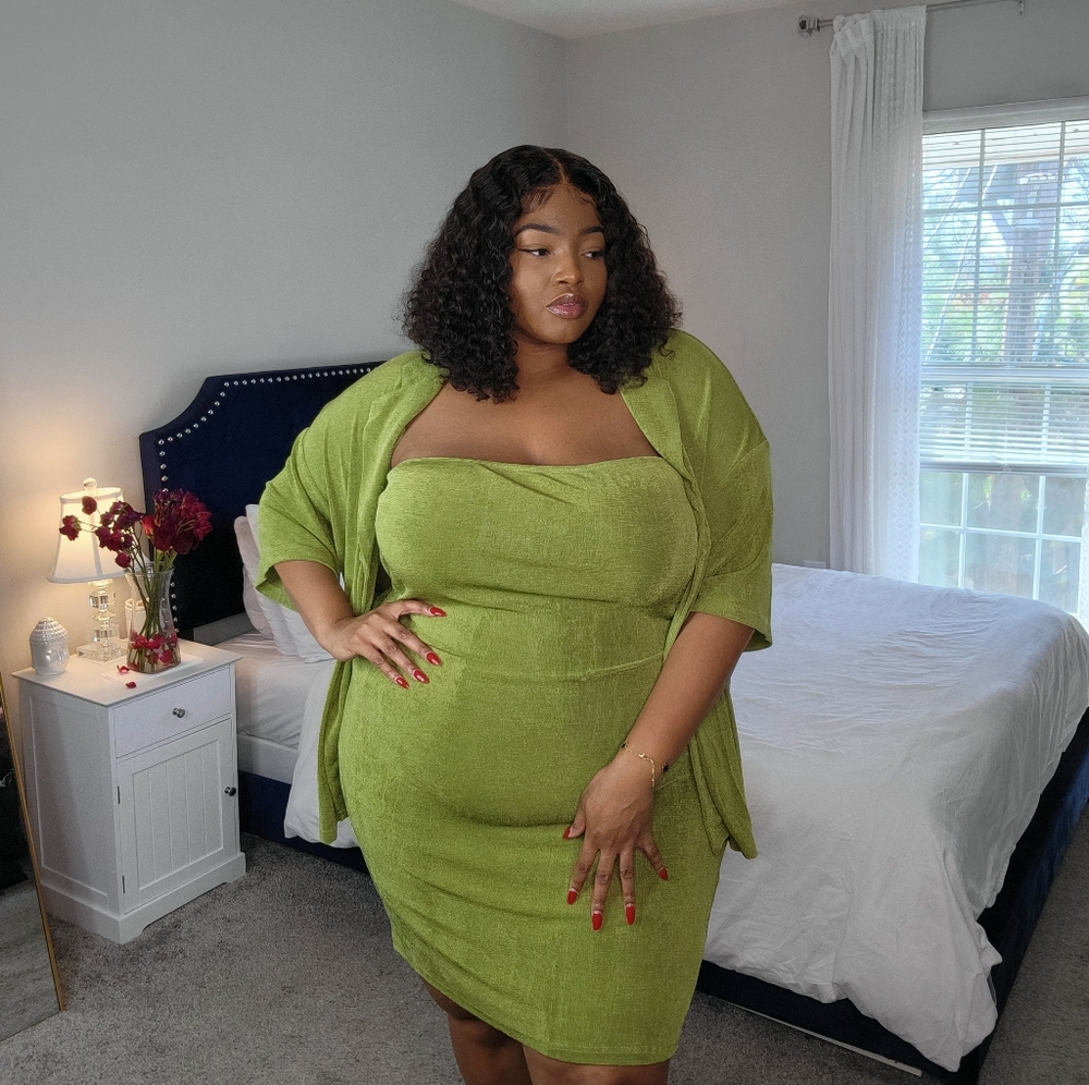 Princess Polly Lime Green Strapless Bodycon Dress with Matching Cardigan